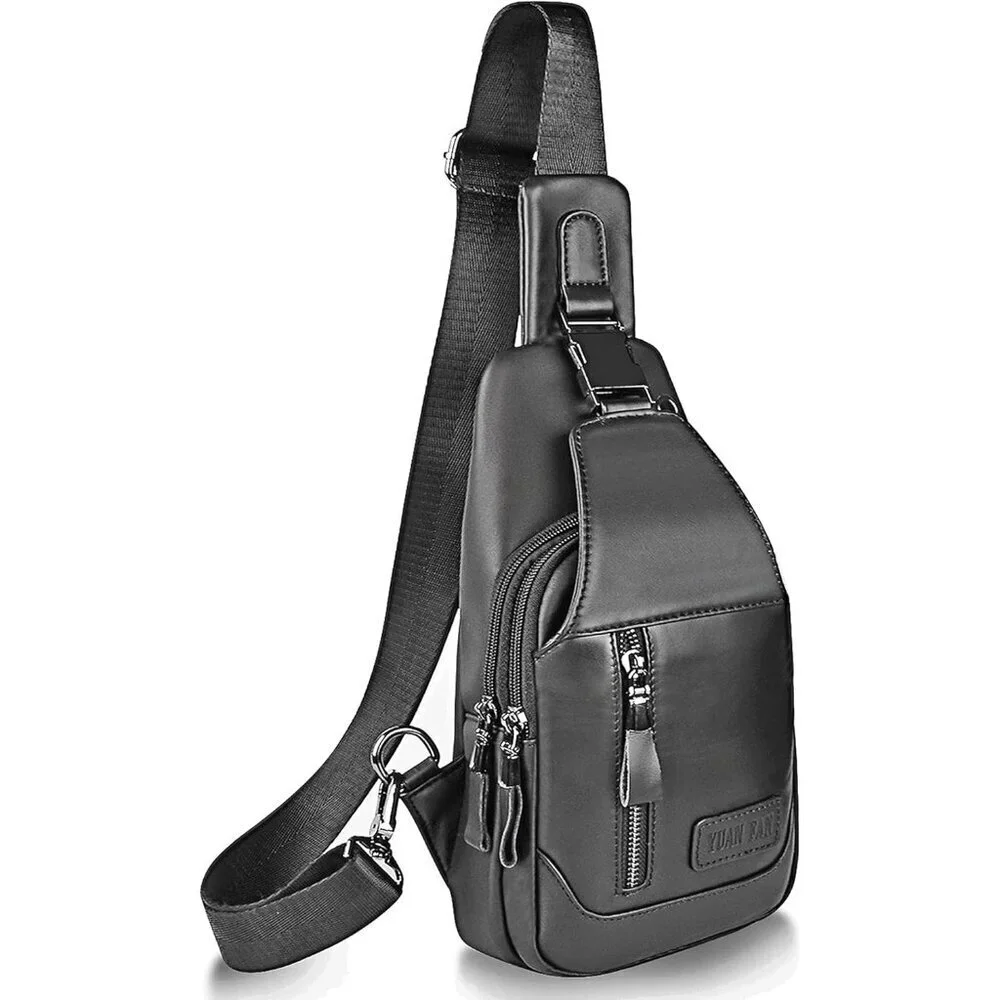 👉 Men Black Crossbody Bags Leather Sling Purse Chest Backpack Shoulder Bags